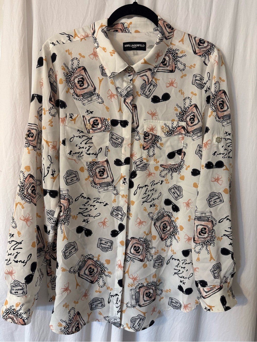 Karl Lagerfeld Cream Button-Down Shirt with Black and Pink Print Size Large.